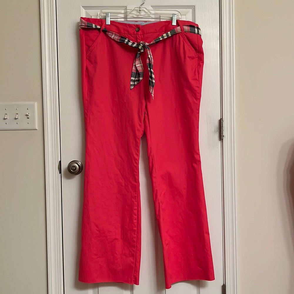Land’s End Pink Preppy Cotton Pants Unfinished Hem Removable Belt Size 18 Petite